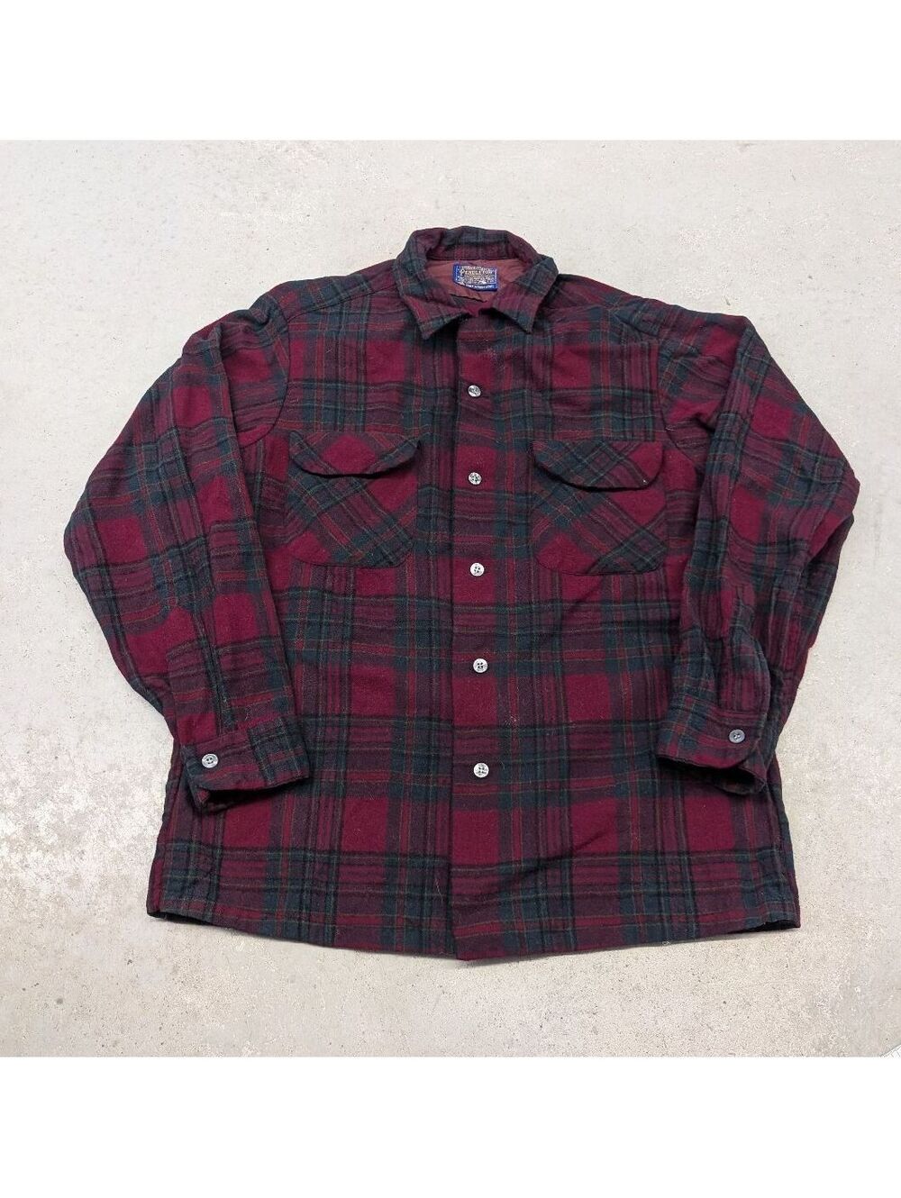 Vintage 80s Pendleton Loop Collar Dark Red Green Wool Shirt